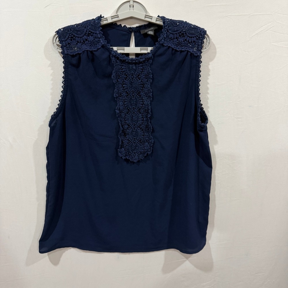 Halogen Womens XL Navy Blue Crochet Lace Trim Sleeveless Blouse Keyhole Back Top